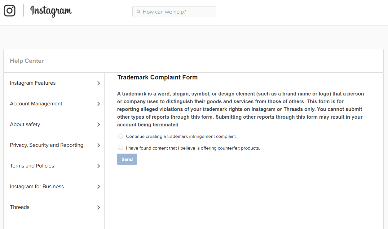 trademark infringement instagram form