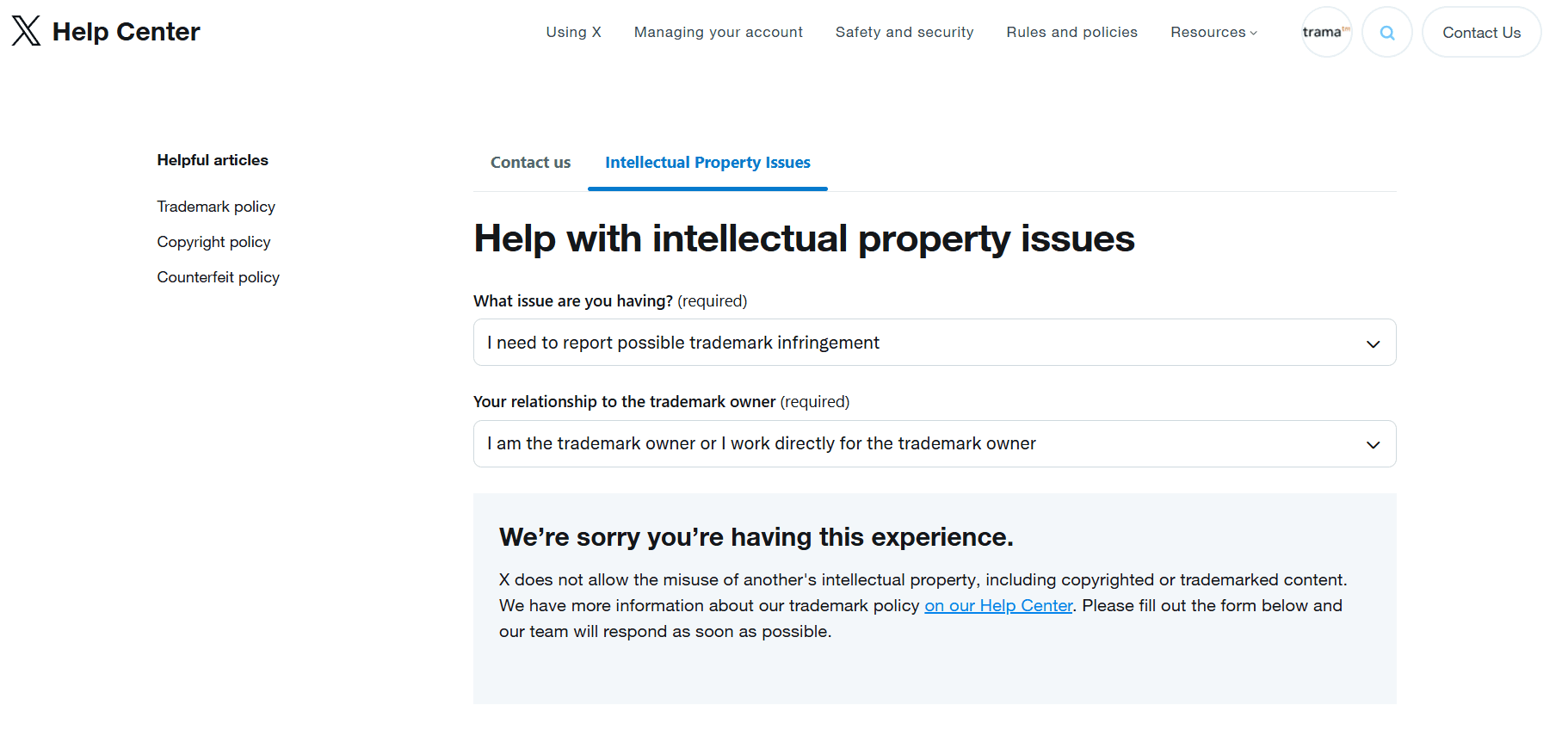 trademark infringement form twitter